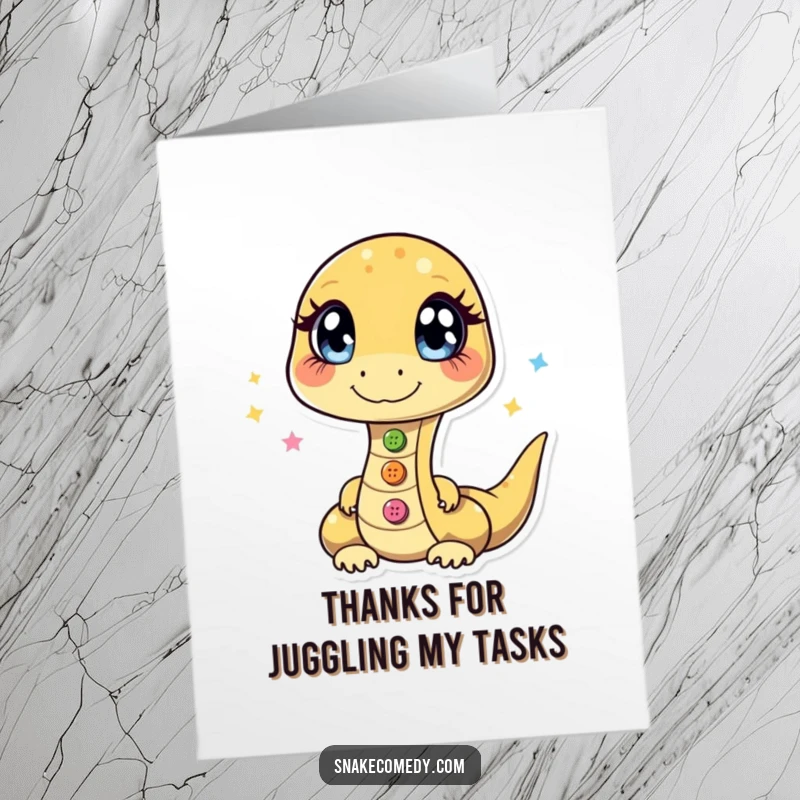 Funny Free Printable Thank You Card: A snake with twinkling eyes demonstrates impressive button juggling skills, sending thanks.