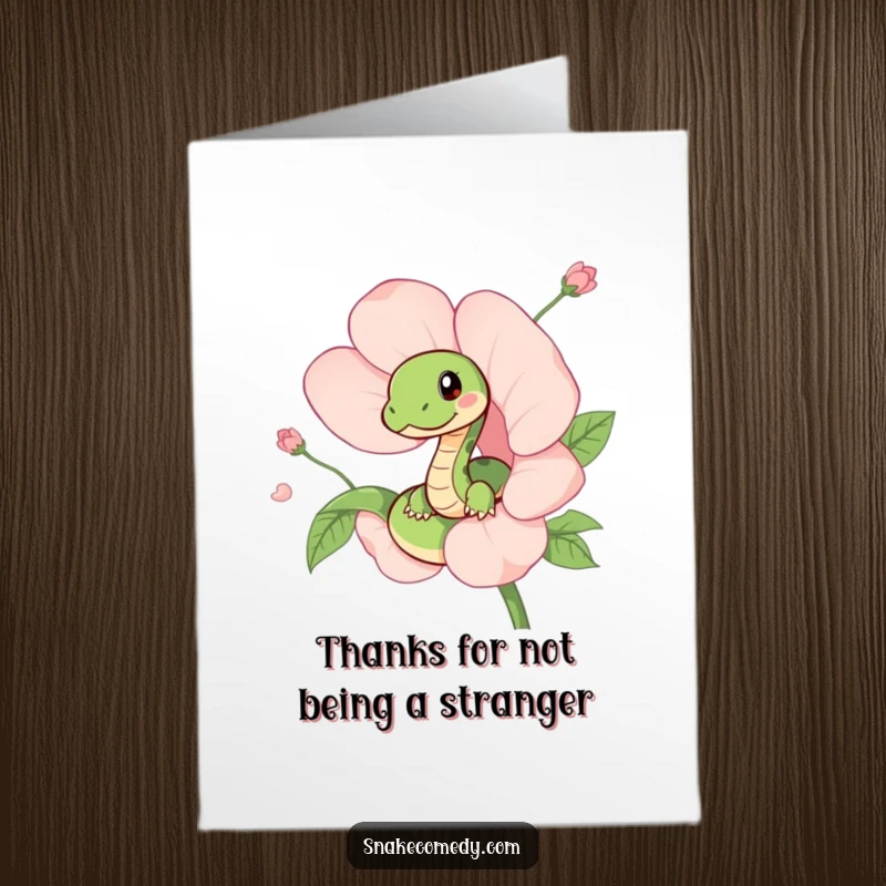 Funny Free Printable Thank You Card showcasing a sneaky snake peeking playfully from a blossoming flower, sending thanks with a smile.