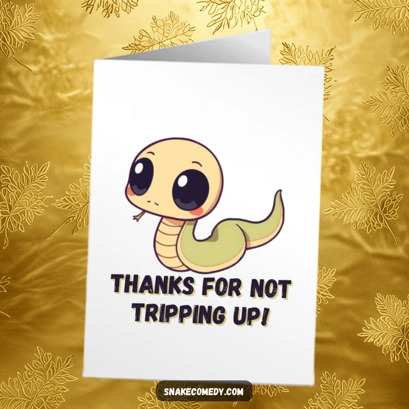 Funny Free Printable thank you card featuring a snake with large, round eyes comically tripping over its own tail.