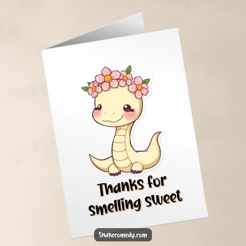 Funny Free Printable Thank You Card: Snake character wearing a flower crown, looking calm, happy, and radiating serenity.