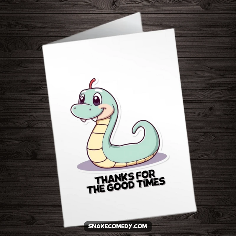 Free Printable Thank You Card of a serpentine character with a wide, toothy grin, wiggling playfully in a looped shape.