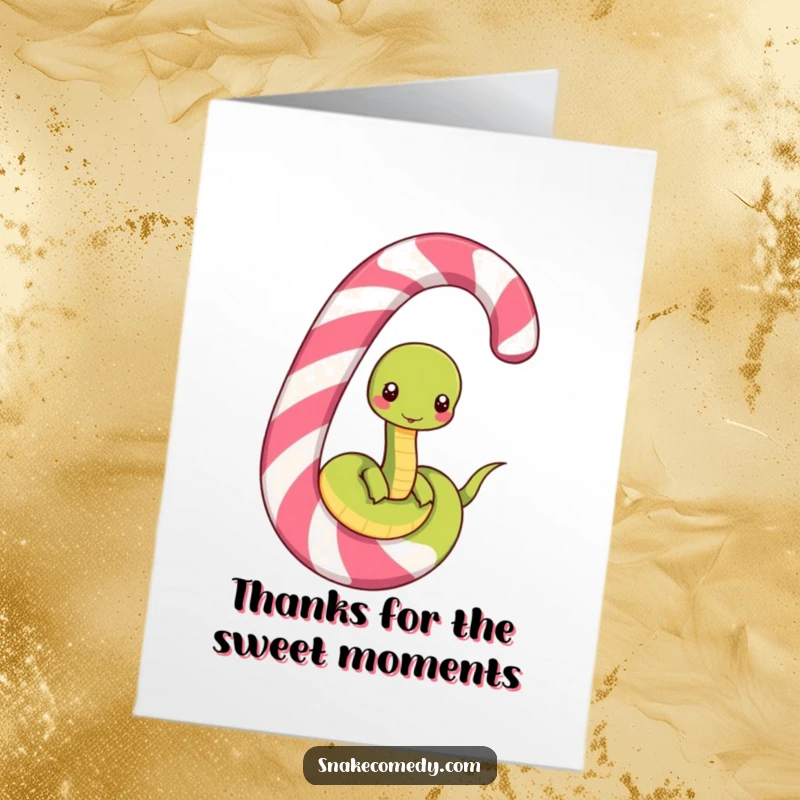 Funny Free Printable Thank You Card: Snake unwinding happily from a striped candy cane, saying thanks.