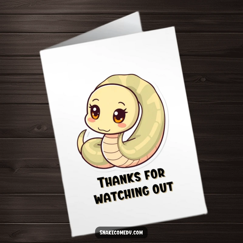 Free Printable Thank You Card of a snake with wide, curious circular eyes, peeking inquisitively from its coiled body.