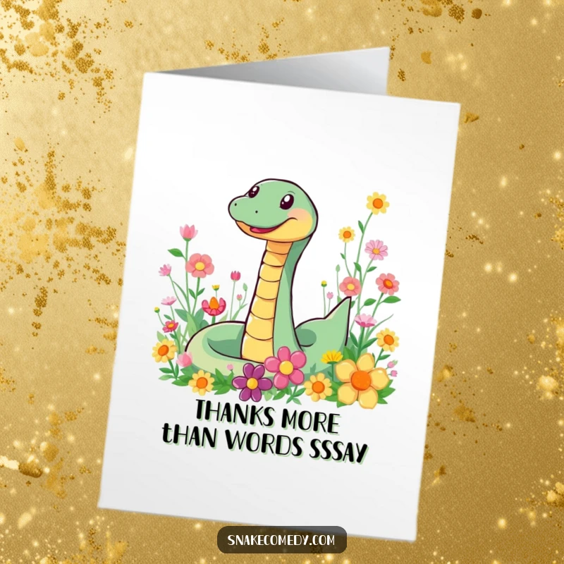 Funny Free Printable Thank You Card: A snake with a big smile joyfully slithering through a field of colorful flowers saying thank you.