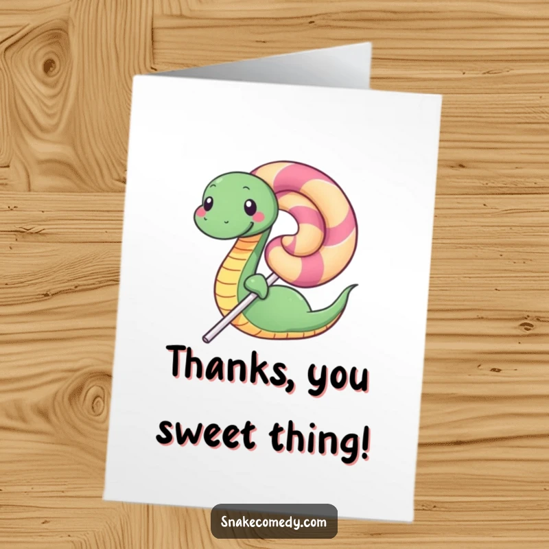 Funny Free Printable Thank You Card: A cheerful snake is wrapped lovingly around an enormous, appetizing lollipop.