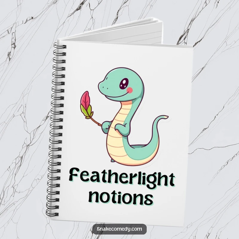 Funny slithering notebook, happy character swaying while balancing a colorful feather, perfect for journaling, a funny gift.