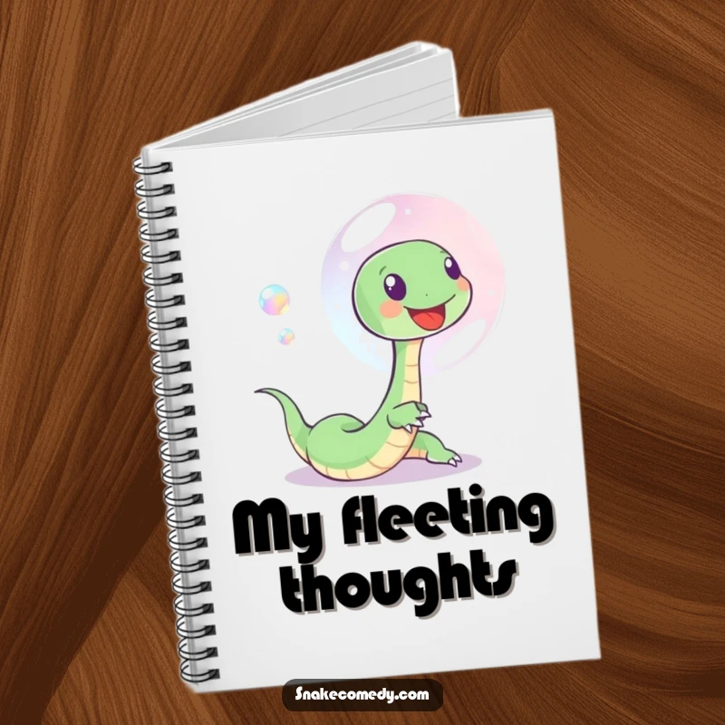 Funny notebook with a small, happy snake chasing an iridescent soap bubble on the cover, inspiring creative thoughts.