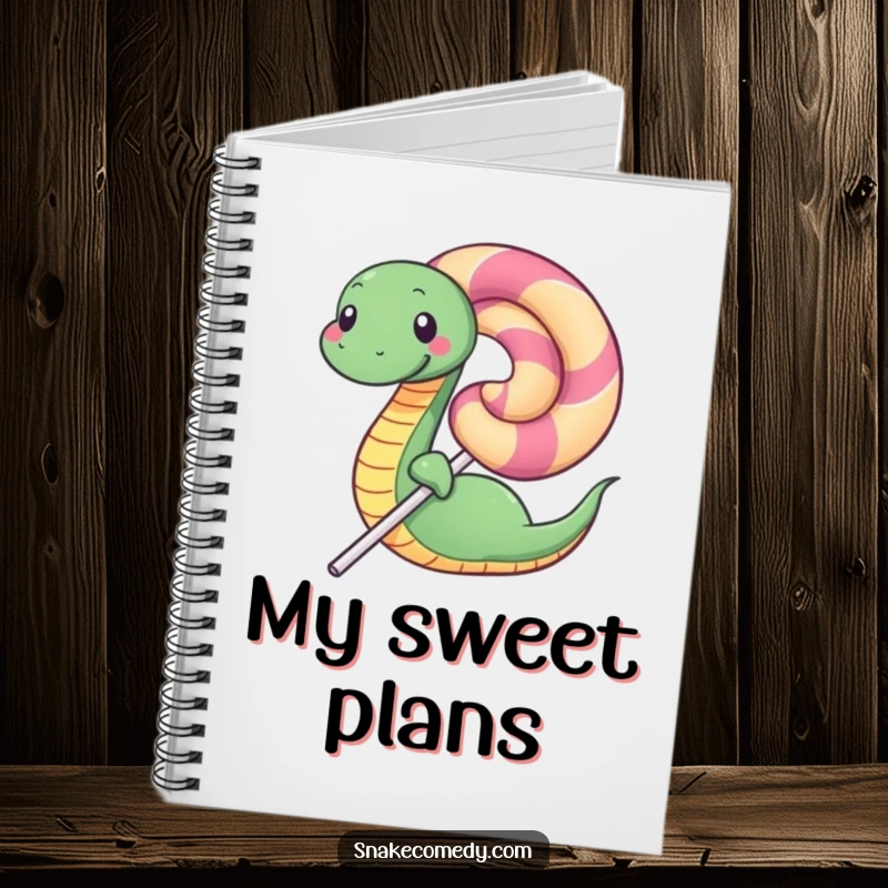 Funny notebook with a happy snake character coiled around a giant lollipop, ideal for jotting down sweet thoughts.