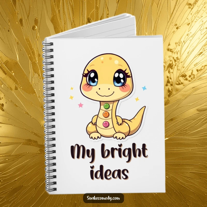 Funny notebook with a snake character juggling shiny buttons, eyes sparkling with mischief and creativity.