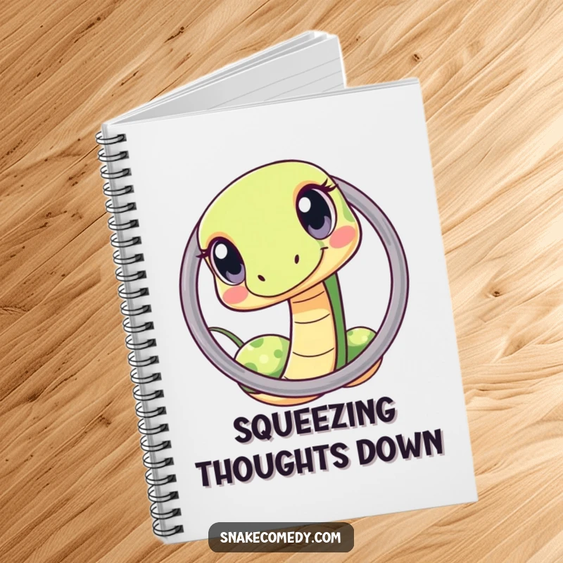 Funny kawaii snake hoop notebook, featuring a curious snake squeezing through a hoop, ideal for journaling and creative thoughts.