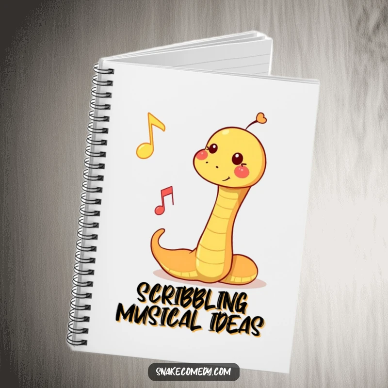 Funny notebook cover featuring a snake playfully bopping a musical note, perfect for jotting down musical ideas.