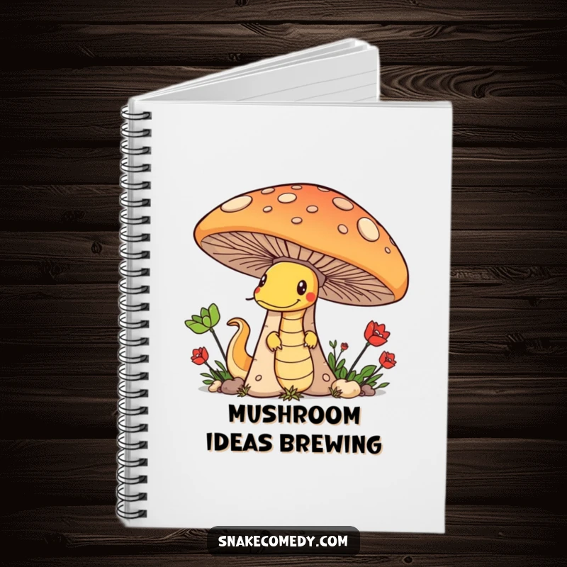 Funny notebook cover with a mischievous snake peeking from behind a large mushroom, ideal for jotting down funny ideas.
