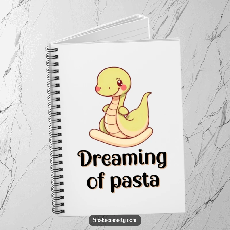 Funny snake notebook, perfect for writing, featuring a happy snake wiggling through a giant noodle, for school or personal use.