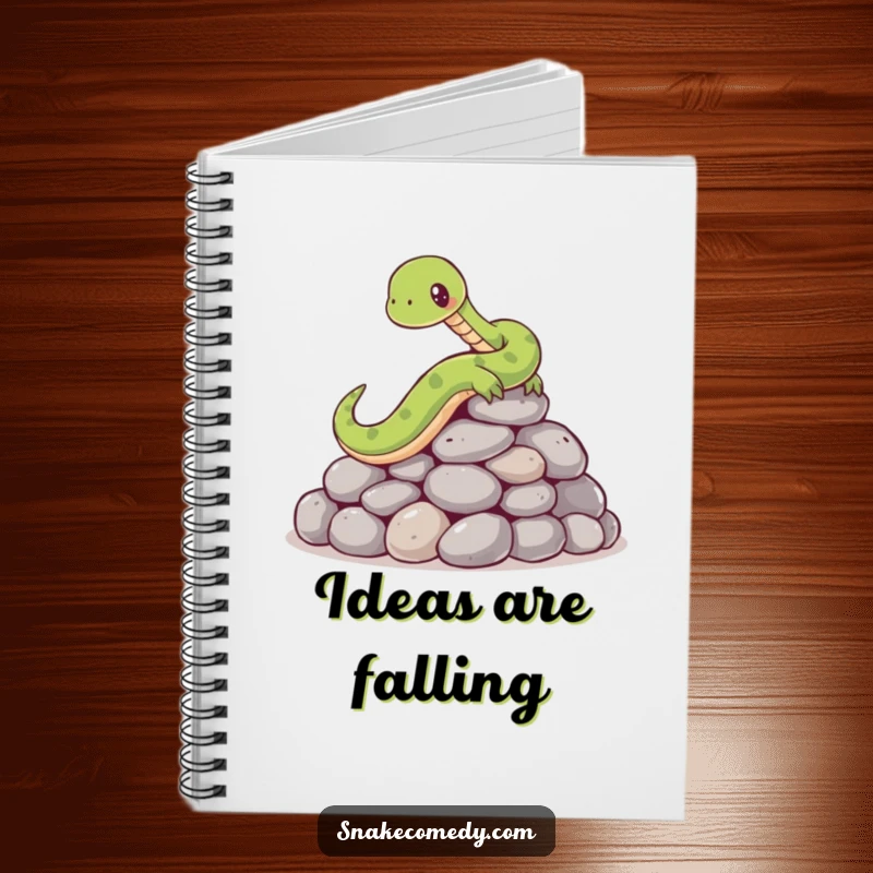 Funny notebook cover with a cartoon snake comically slipping on a pile of smooth, round stones, great for jotting down funny notes.