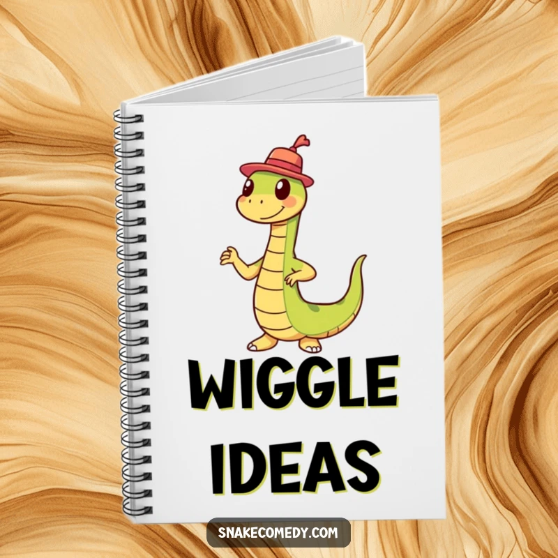 Funny snake with a miniature hat doing a silly wiggle dance on a notebook cover, inspiring funny thoughts.
