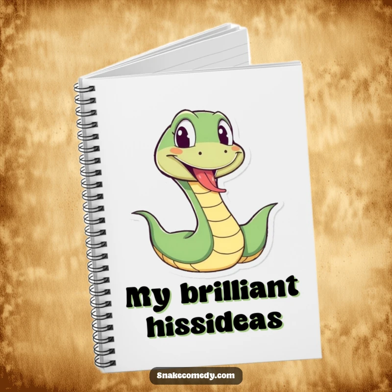 Funny snake notebook cover featuring a cartoon snake wiggling energetically with its tongue sticking out playfully, inspiring humorous notes.