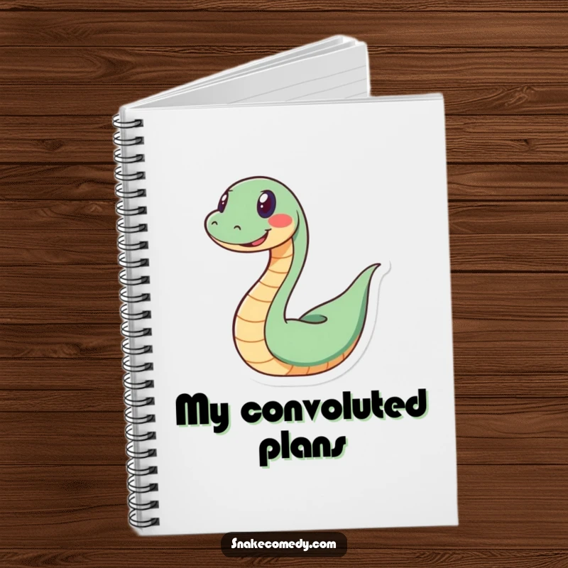 Funny snake notebook featuring a happy serpent coiled in a spiral with a wide grin, perfect for jotting down ideas playfully.