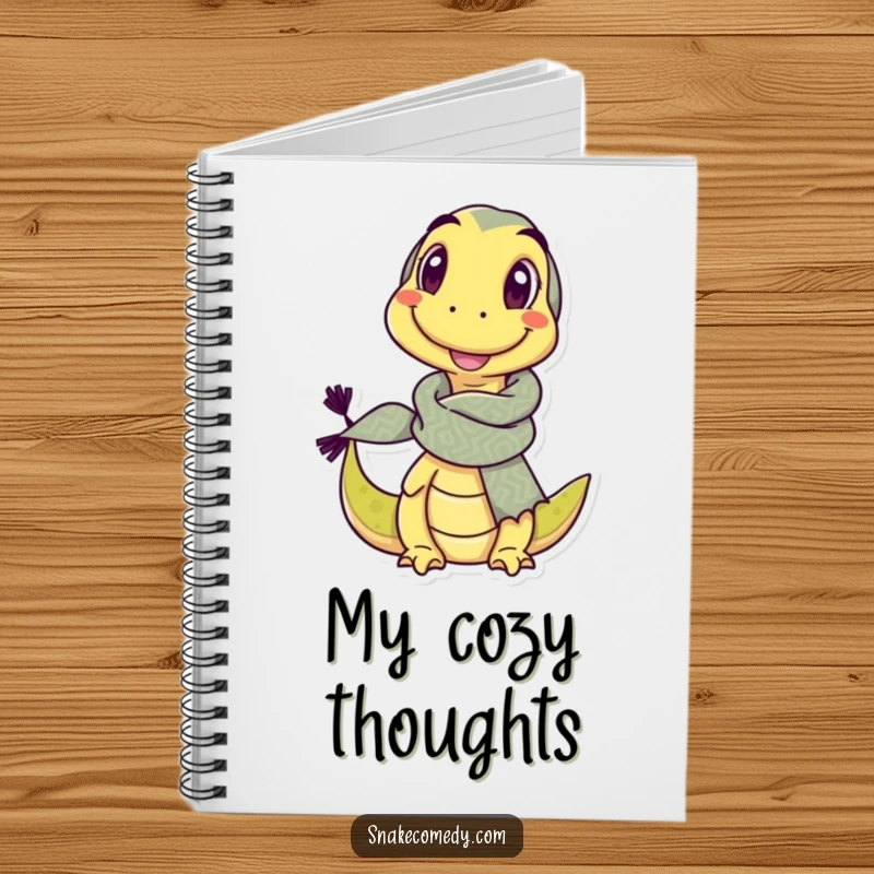 Funny notebook featuring a delighted snake character sporting a comically large scarf and a confident wink.