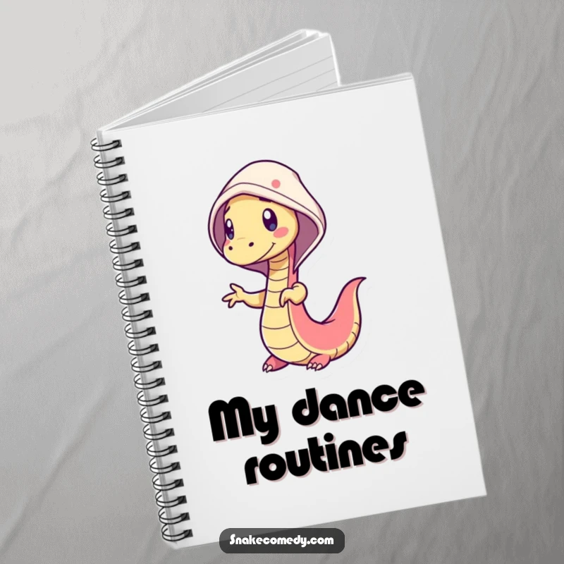 Funny snake notebook with a wiggly snake character doing a silly dance, its cheerful hood adding to the energetic and humorous design.