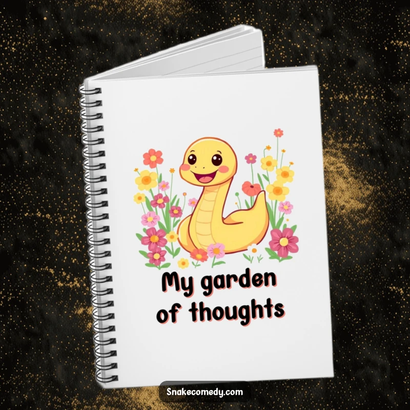 Funny snake character joyfully slithering through a colorful flower field on a notebook cover, inspiring creativity and joy.