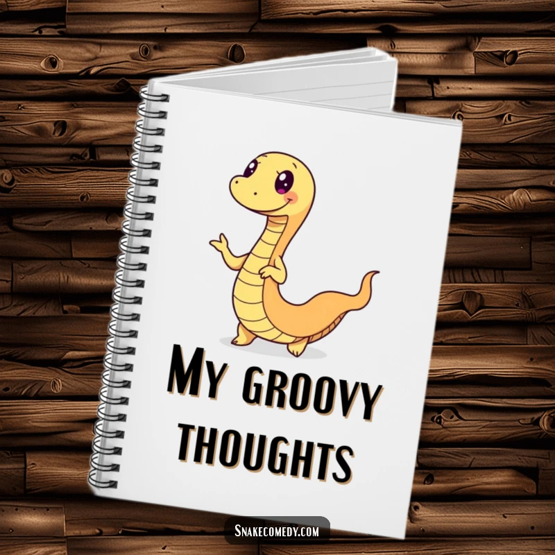 Funny snake notebook featuring a happy serpent doing a fun wiggle dance, its body in motion, perfect for jotting down ideas.