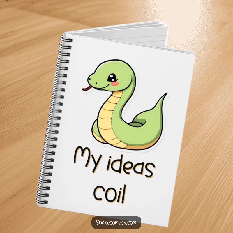 Funny snake notebook featuring a snake dramatically coiling and uncoiling with a playful wink, ideal for jotting notes with flair.