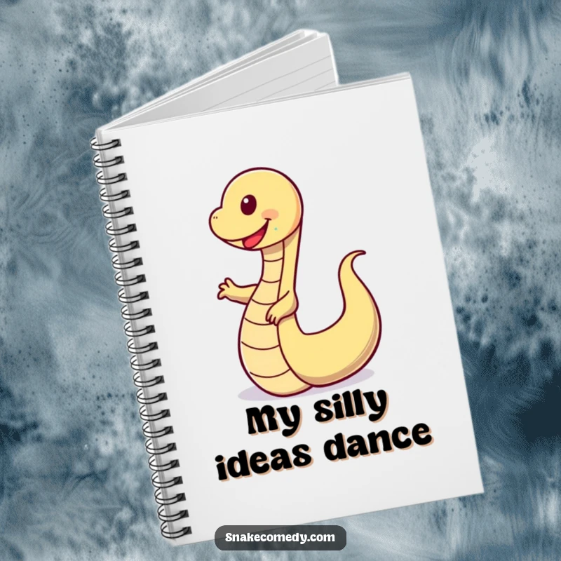 Funny notebook with a happy snake in a funny, wobbly dance pose on the cover, inspiring cheerful note-taking.
