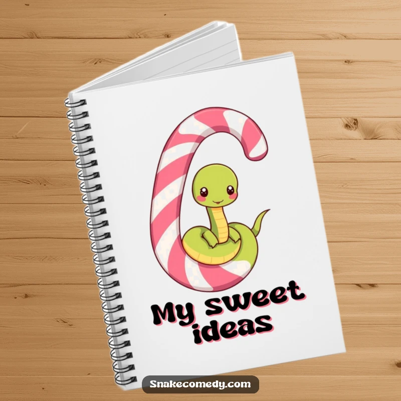 Funny notebook cover showing a happy snake character unwinding from a large, striped candy cane, ideal for jotting down funny thoughts.