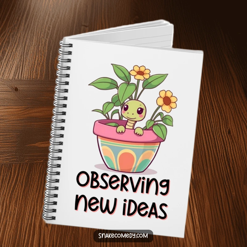 Funny snake notebook featuring a curious snake peeking out of a colorful flower pot, ideal for jotting notes with a smile.