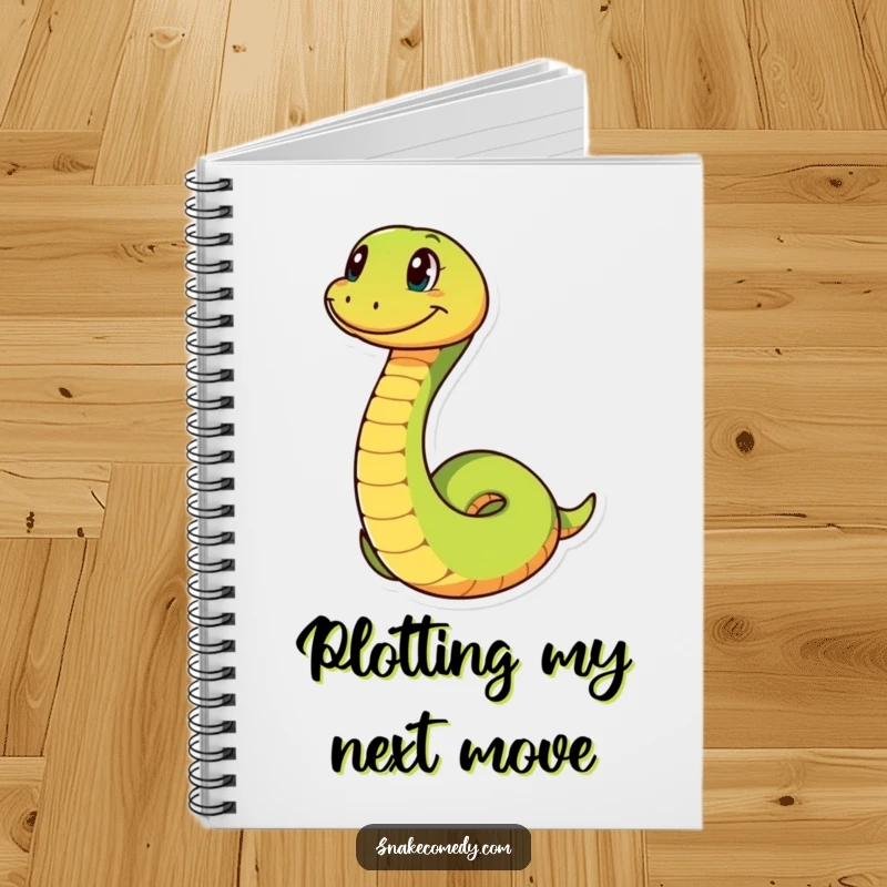Funny snake character with a wide grin, playfully coiling, featured on a notebook for jotting down notes with a humorous and cheerful touch.