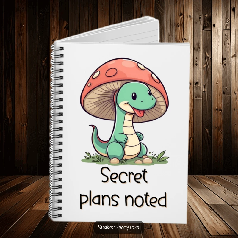 Funny Snake Mushroom Notebook: Features a sneaky snake humorously peeking from behind a large mushroom on its cover.