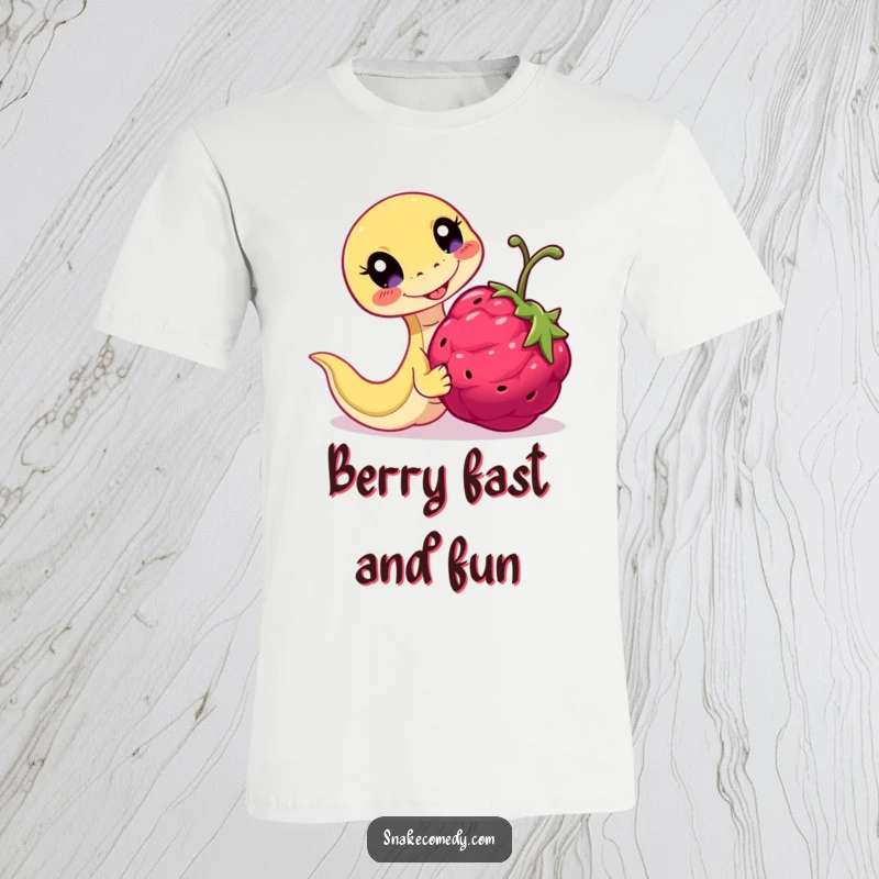 Funny Playful Snake T-Shirt: serpent chasing a berry, conveying pure fun and energy, perfect gift.