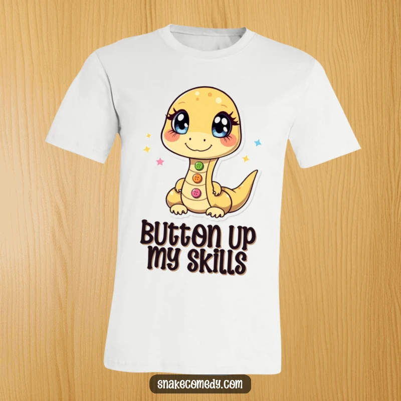 Funny t-shirt featuring a snake with bright, sparkling eyes, expertly juggling three shiny buttons with great concentration.