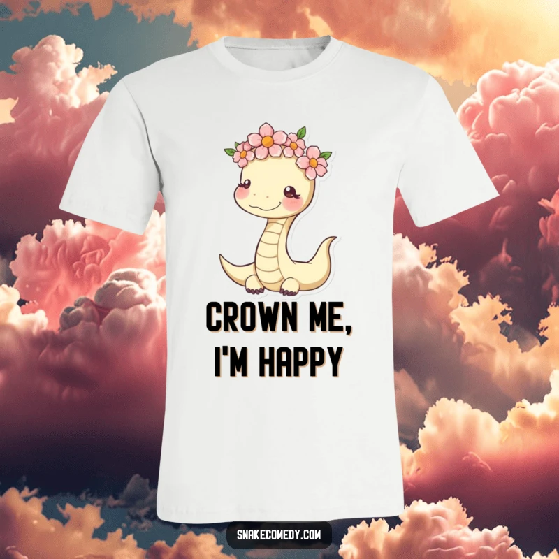 Funny Serene Snake T-Shirt: serpent with a flower crown, conveying peace and cheerfulness, perfect gift.
