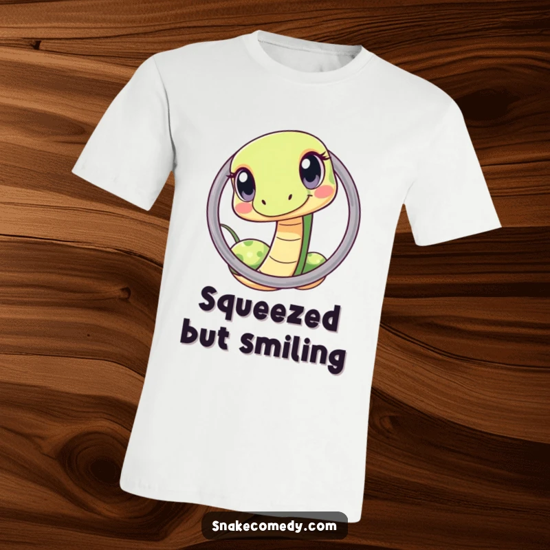 Funny kawaii snake t-shirt design, showing a cute snake with curious eyes, expertly navigating a small hoop.