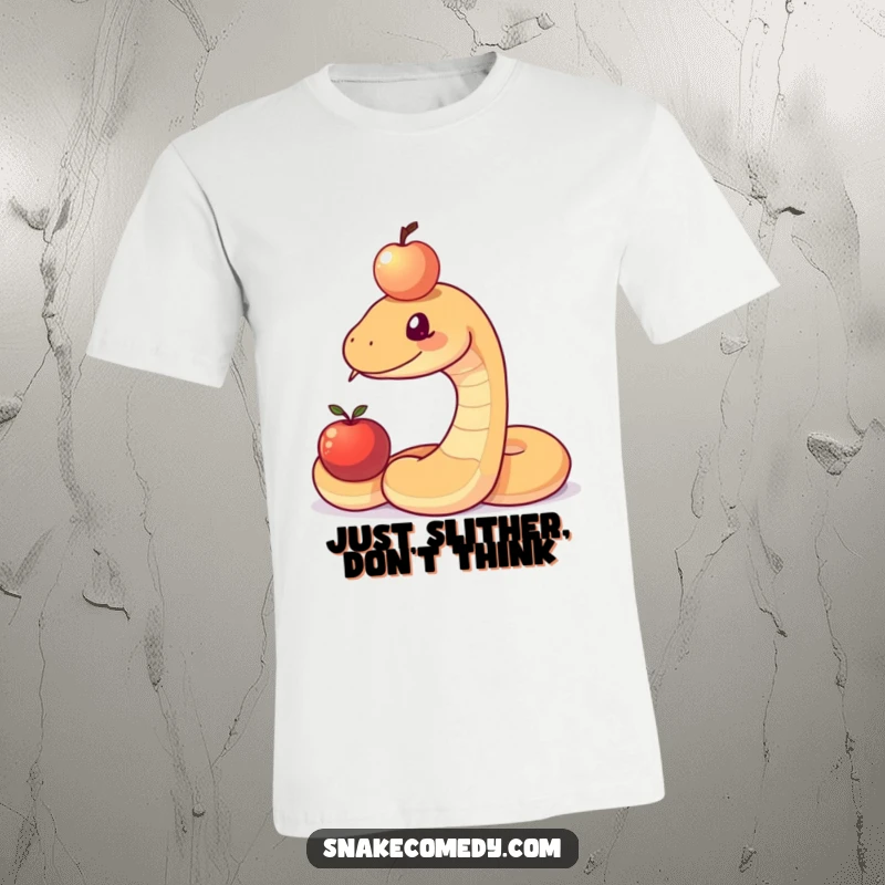 Funny snake character earnestly trying to balance a bright apple on its forehead, printed on a t-shirt, highlighting its comical struggle.