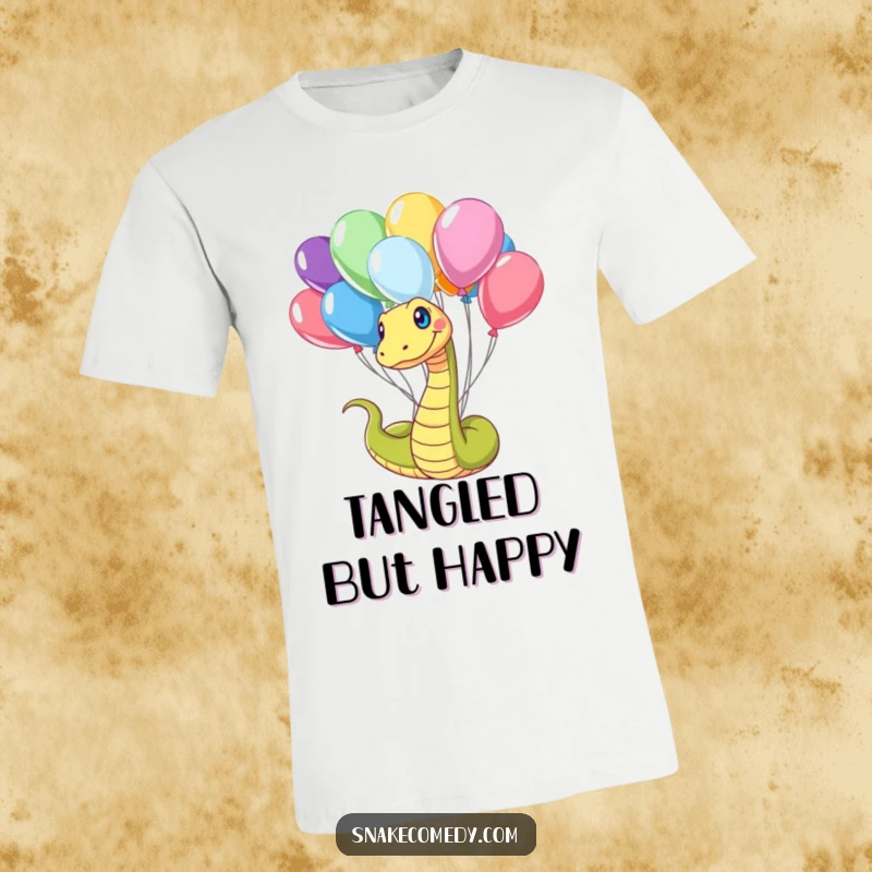 Funny Snake T-Shirt: A cheerful snake is playfully wrapped around numerous bright balloons, radiating happiness.