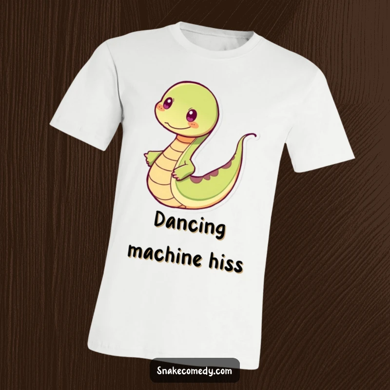Funny snake t-shirt depicting a snake energetically dancing with a wiggling tail, full of life and rhythm.