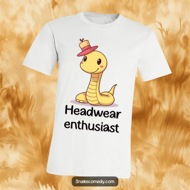 Funny Snake Hat T-Shirt: A smiling snake proudly balances a small, stylish hat on its head, exuding playful confidence.
