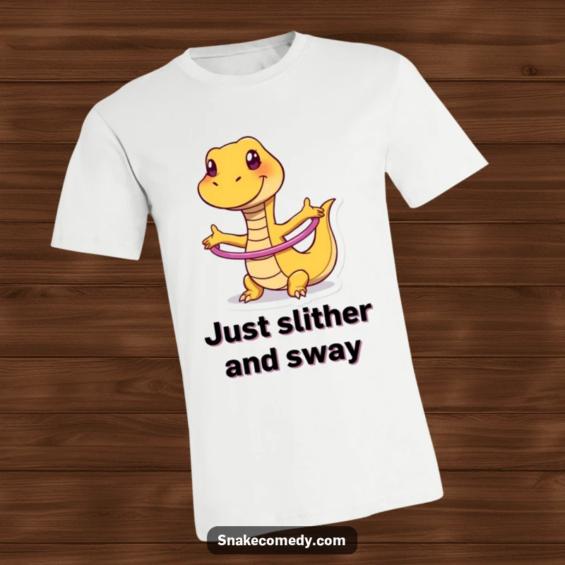 Funny t-shirt showcasing a snake with a wide, goofy grin, performing an energetic and comical hula hoop dance.