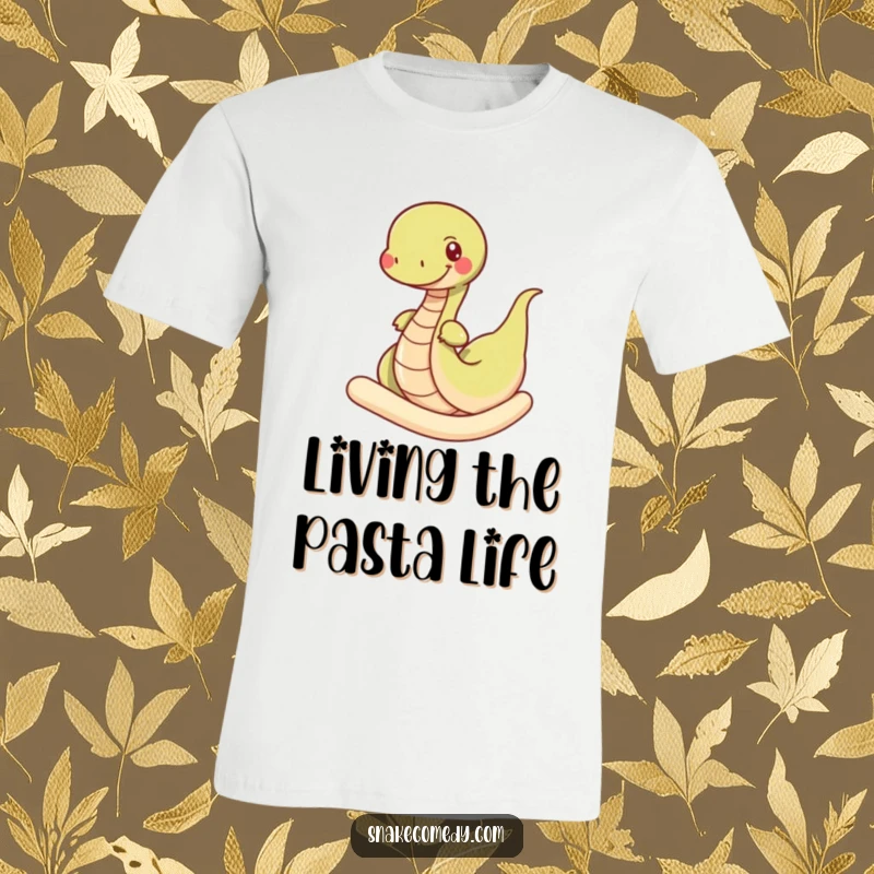 Funny snake t-shirt, a happy snake character wiggling through a huge soft noodle, hilarious and relatable food-themed graphic.