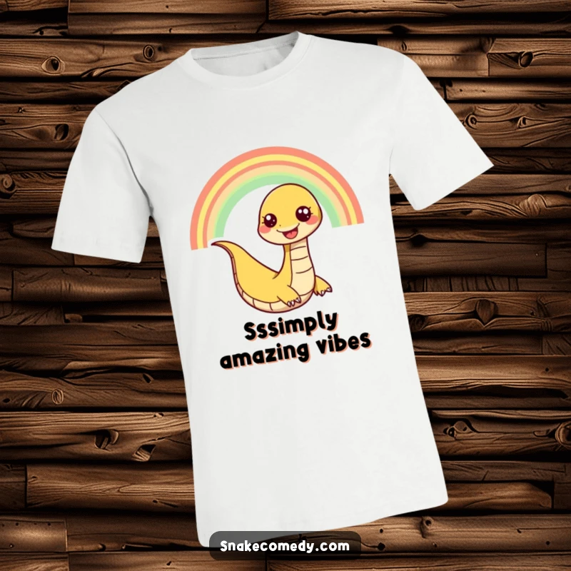 Funny snake t-shirt depicting a happy snake character slithering playfully down a bright rainbow, its grin spreading pure delight.
