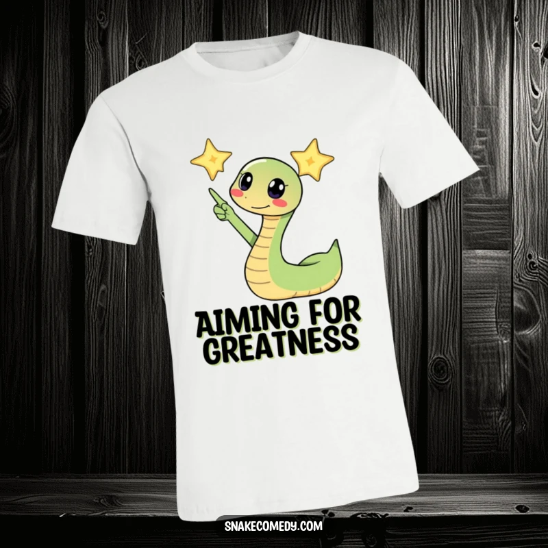 Funny snake excitedly pointing its head towards a twinkling star on a t-shirt, showing ambition and a love for the night sky.