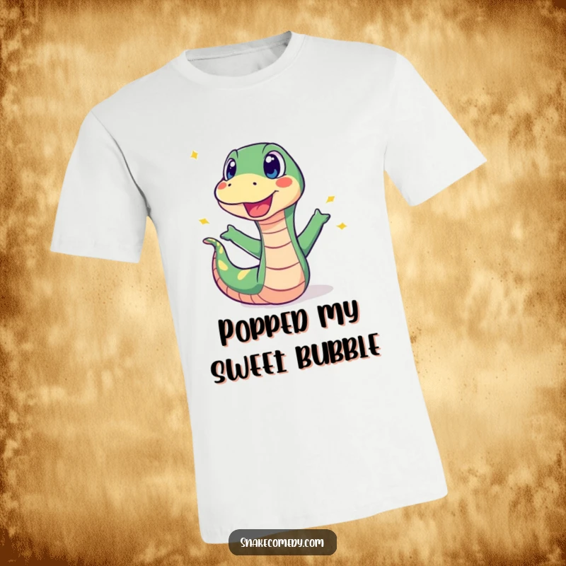 Funny t-shirt with a surprised snake character recoiling in shock from a colorful, exploding sweet, embodying a funny reaction.