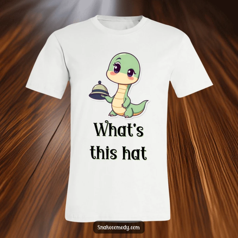 Funny t-shirt featuring a snake with a shocked expression, one eyebrow dramatically raised, holding a minuscule hat.