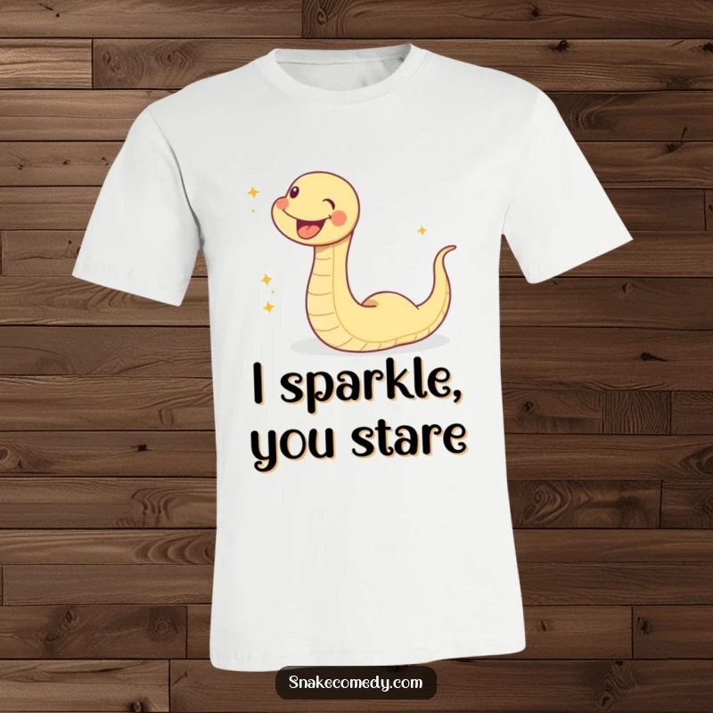 Funny sparkle snake t-shirt, a cheerful snake character joyfully slithering, leaving a vibrant, glittering trail, making a bold statement.