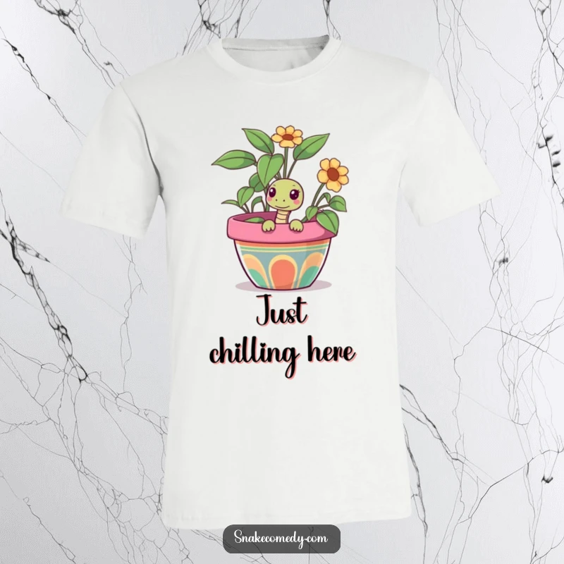 Funny snake t-shirt with a curious snake peeking out from a vibrant, colorful flower pot, exuding playful intrigue.