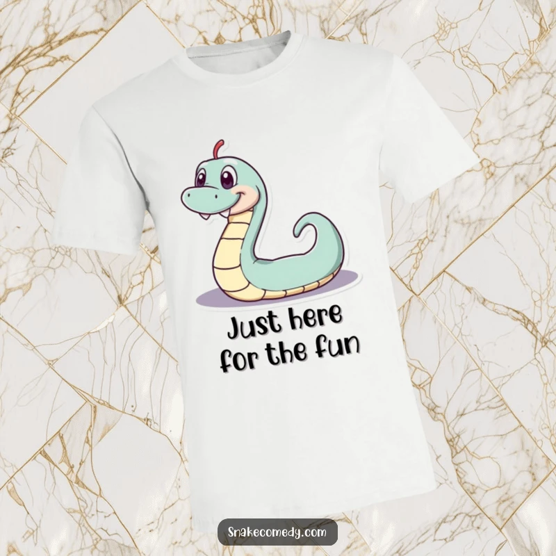 Funny serpentine t-shirt, playful snake with a wide grin wiggling in a loop, great for snake enthusiasts, a funny gift.