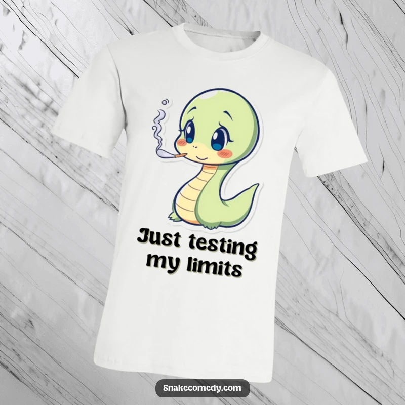 Funny Snake T-Shirt with a surprised serpent character blowing a small smoke cloud, great for humor lovers.