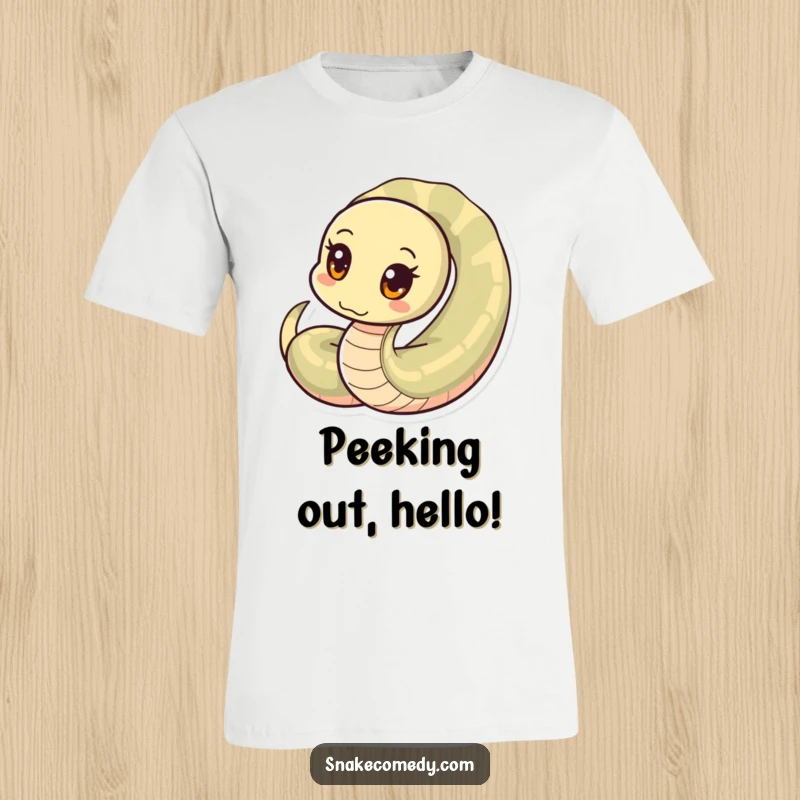 Funny snake t-shirt, curious snake with circular eyes peeking from a coil, perfect for showing curiosity, a funny gift.